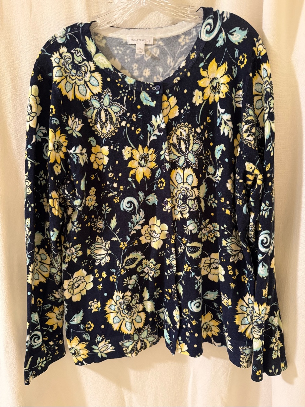 Charter Club Navy Floral Button-Front Long Sleeve Top with Yellow Accents